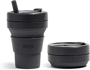 
Stojo Collapsible Travel Cup With Straw - Carbon, 16oz / 470ml - Reusable To-Go Pocket Size Silicone Bottle for Hot and Cold Drinks - Perfect for Camping..