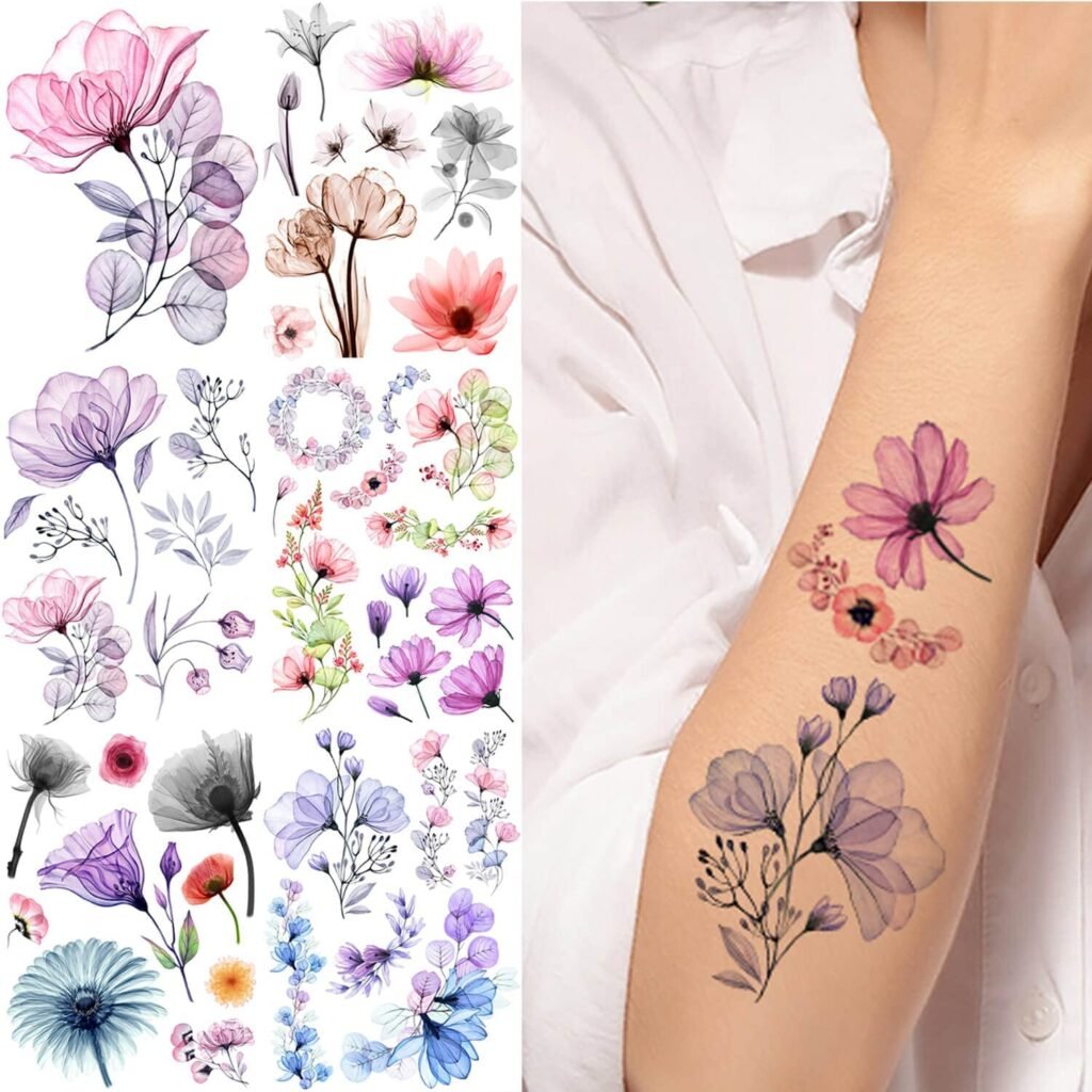 GLARYYEARS X-ray Flower Temporary Tattoo, 8-Pack Creative Realistic Flower Tattoos, Floral Design Variety Pack Fake Tattoo Stickers for Women Girls,